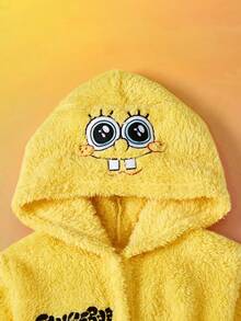 SpongeBob SquarePants | SHEIN 男婴卡通大脸刺绣毛绒腰带睡袍，秋冬家居服 - 黃色 - 查看 3