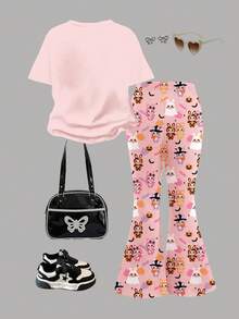 SHEIN 万圣节卡通印花、南瓜、蝙蝠、骷髅印花、怪异氛围、青少年女孩休闲宽松短袖圆领 T 恤和喇叭裤 2 件套 - 彩色 - 查看 2