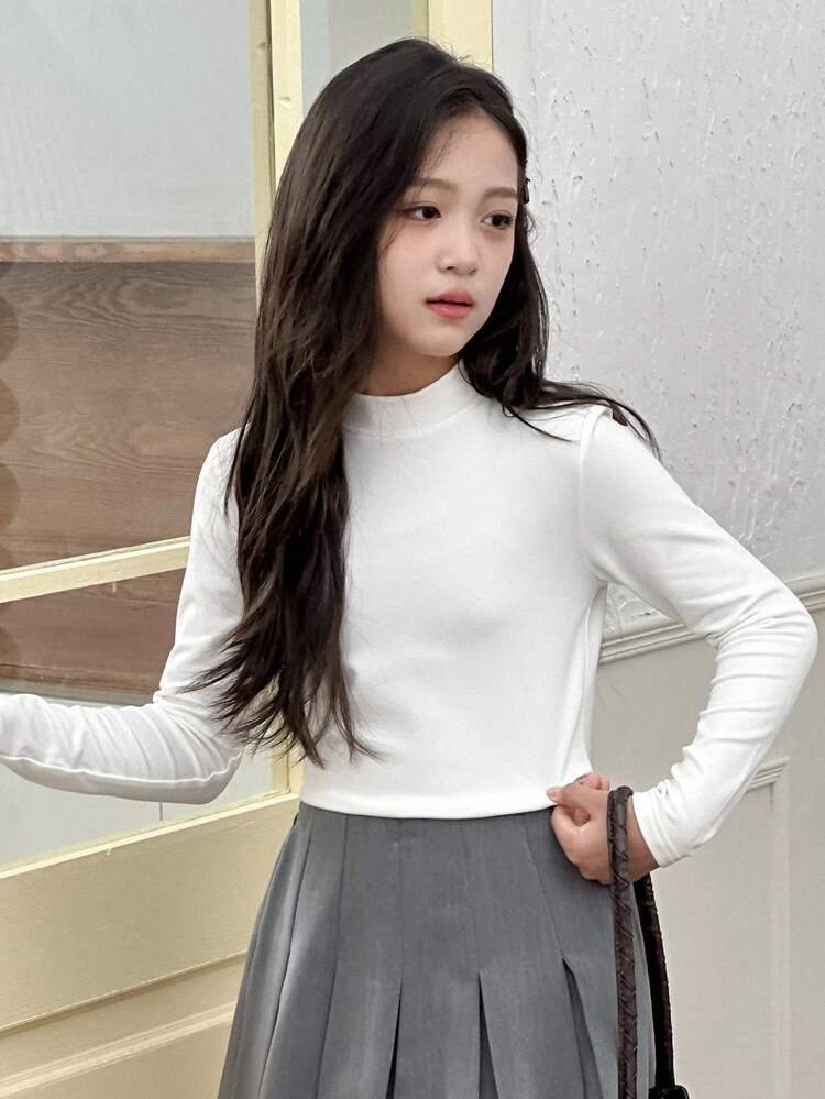 Tween Girls Turtleneck Thermal Lined Fitted T-Shirt, Versatile For Fall Long Sleeve Tops Girl