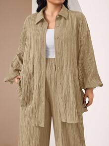 Veilorie Bộ 2 món áo sơ mi và quần dài tay cài nút phía trước cỡ lớn đơn giản - Màu Khaki - Xem 6