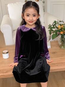 DAZY Girls Young Girl Fall/Winter Velvet Pinafore Dress Set, Collared Blouse, Cute Bow Design, Casual & Fashionable Everyday Wear - Multicolor - View 2
