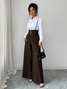 Elenzga 新款女士梭织斜纹高腰侧拉链可调节肩带休闲优雅阔腿连体裤，适合通勤和日常穿着，秋冬季款 - 棕色 - 查看 5