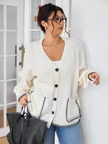 SHEIN Frenchy Cardigan Rajut Santai Kasual Minimalis Ukuran Plus Serbaguna Gaya Urban Chic untuk Wanita/Musim Dingin/Musim Dingin - Krem - View 3