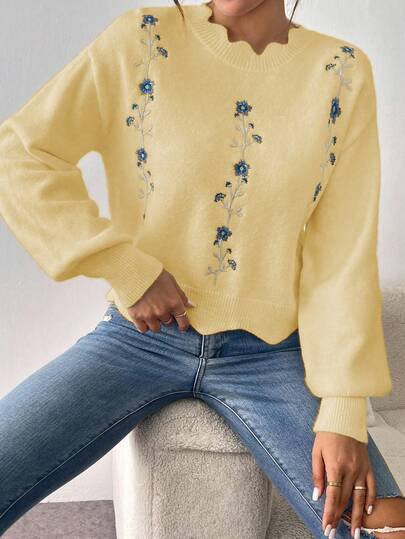 EMERY ROSE Loose Fit Floral Embroidered Sweater With Lace Collar, Autumn/Winter
