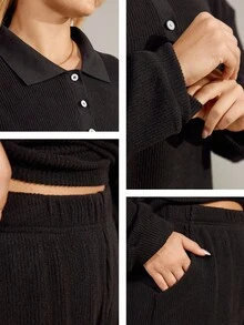 Momelise Plus Size Casual Loose Comfortable Half-Zip Collar Long Sleeve Top And Straight Leg Pants 2 Pieces Set For Women