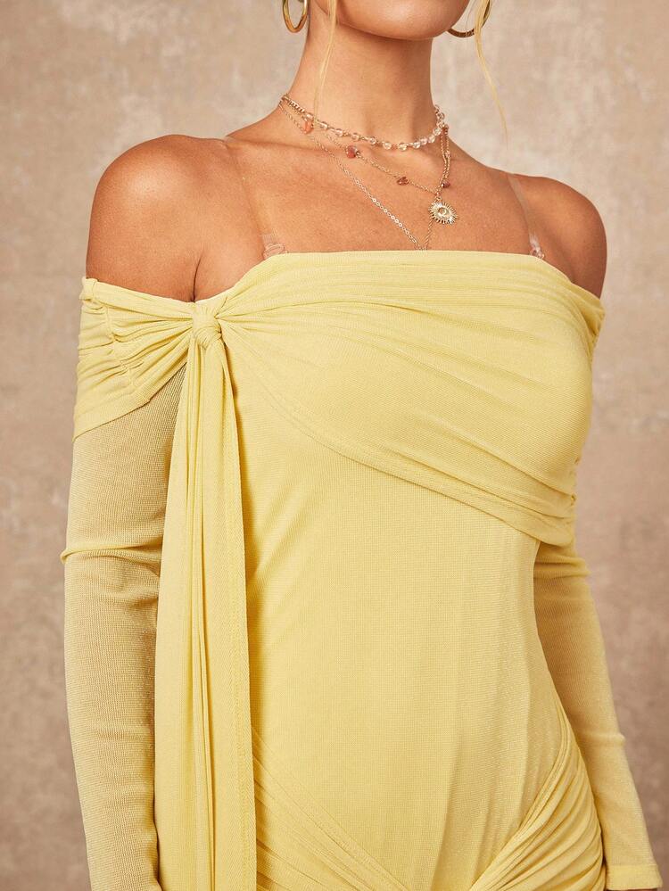 Lumalex 女式闪亮露肩飘逸紧身连衣裙 - 黃色 - 查看 5