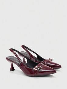 CUCCOO BIZCHIC Women's Pointed Toe Kitten Heel Burgundy Backstrap Slingback Pumps, Versatile For Daily Wear And Commute For Christmas - Burgundy - View 2