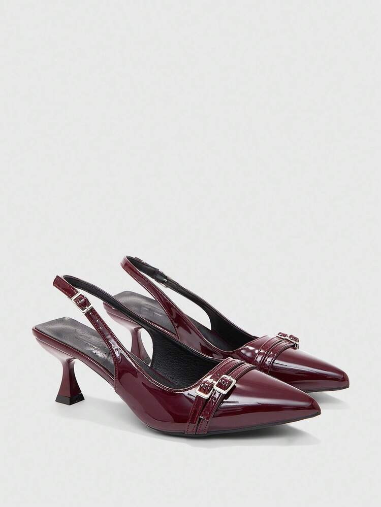 CUCCOO BIZCHIC Women's Pointed Toe Kitten Heel Burgundy Backstrap Slingback Pumps, Versatile For Daily Wear And Commute For Christmas Spring Shoes
