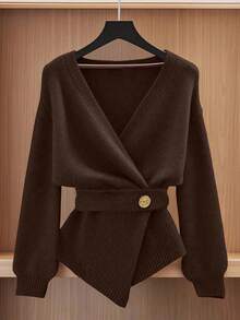 GlowEve Cárdigan de punto de manga larga con hombros caídos y unicolor de moda para mujer, otoño/invierno - Café integral - Ver 4