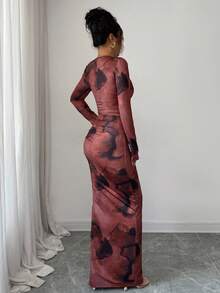 Elenzga 2 件套女士时尚圆领优雅紧身不对称扎染图案长袖 T 恤，紧身扎染图案长裙套装 - 彩色 - 查看 2