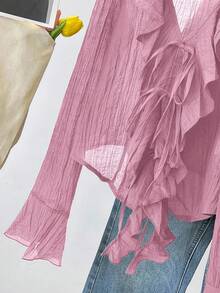 INAWLY French V-Neck Pleated Ruffle Tie Blouse - Pink - View 7