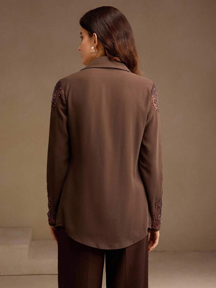 Elegant Oldmoney Women's Fashion New Western Style Long Sleeve Shirt With Pearl Embroidery & Hollow-Out Design