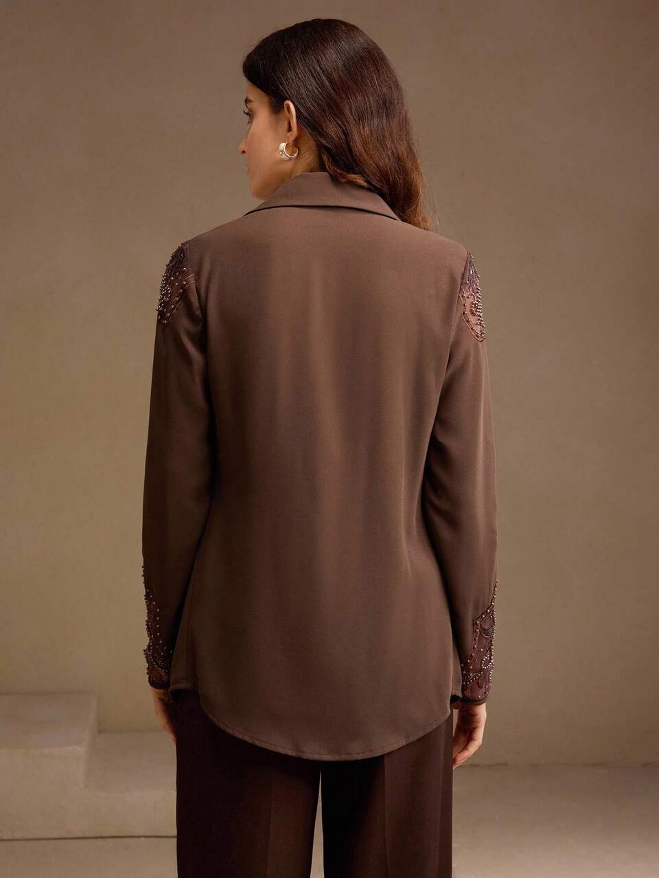 Elegant Oldmoney Women's Fashion New Western Style Long Sleeve Shirt With Pearl Embroidery & Hollow-Out Design