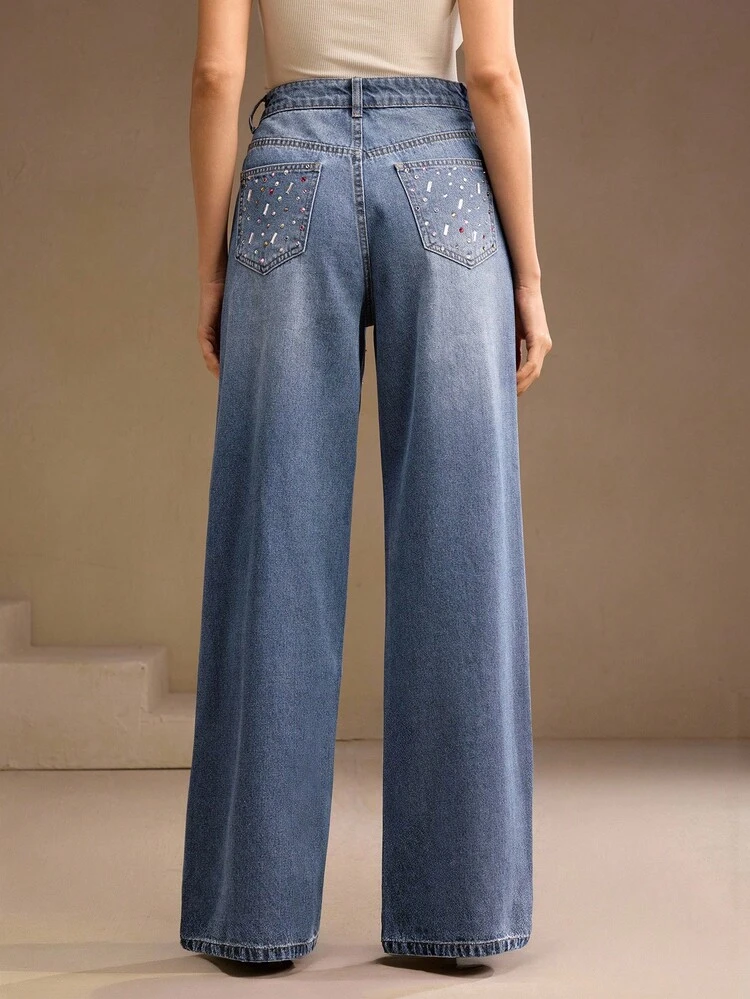 女性用 ラインストーン装飾 ブルー ストレートレッグパンツ、クリスマス&デートに最適、秋冬新作
