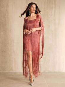 Anewsta 女士优雅婚礼宾客派对玫瑰粉色绷带方领长袖流苏拼接短裙，秋冬、新年、派对、婚礼、优雅、别致、时尚、晚礼服 - 藕粉色 - 查看 5