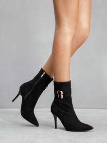 CUCCOO SZL 女士尖头细高跟扣性感优雅时尚中筒靴 - 黑色 - 查看 7