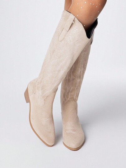 Kawaii Botas occidentales de mujer con diseño hueco de alas de mariposa bordadas, nuevas botas de piel por encima de la rodilla para primavera/otoño