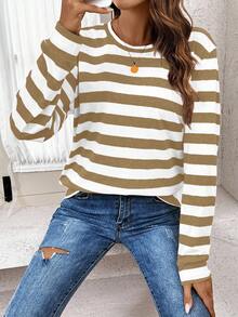 SHEIN LUNE 女式运动休闲条纹圆领休闲舒适基本款运动衫 - 棕色 - 查看 6