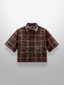 NEON BLANC Men's Street Fashion Woven Rhinestone Spider Web Plaid Short Sleeve Shirt - Brown - View 2