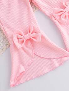 SHEIN Playful Pals 2pcs Newborn Girl Spring/Autumn Fashion Sweet Cute Pink Ribbed Long Sleeve Jumpsuit With Embroidered Flower Decor, Paired With Matching Pink Flared Pants And Headscarf Set, Suitable For Daily Wear And School Fall Winter