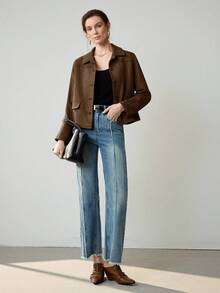 Uhlyne 女士复古经典复古硬币设计优雅休闲西装外套，配有仿口袋和纽扣，简约通勤夹克 - 咖啡棕 - 查看 5