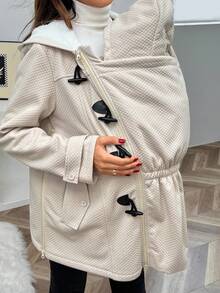 SHEIN 孕妇秋冬喇叭纽扣前长袖连帽羊毛三合一夹克 - 卡其色 - 查看 6