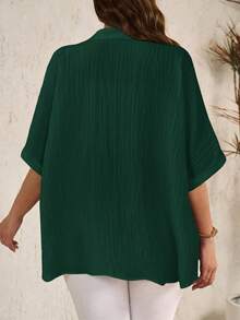EMERY ROSE Plus Size Women's Solid Color Batwing Sleeve Single-Breasted Casual Loose Shirt - Dark Green - View 2