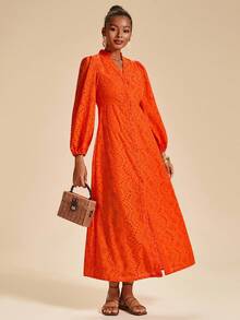 Travachic 女士节日刺绣灯笼袖单排扣优雅连衣裙 - 橘色 - 查看 4