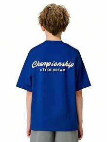 SHEIN Explorewe 青少年男孩时尚街头风格字母印花宽松圆领 T 恤，经典领口设计