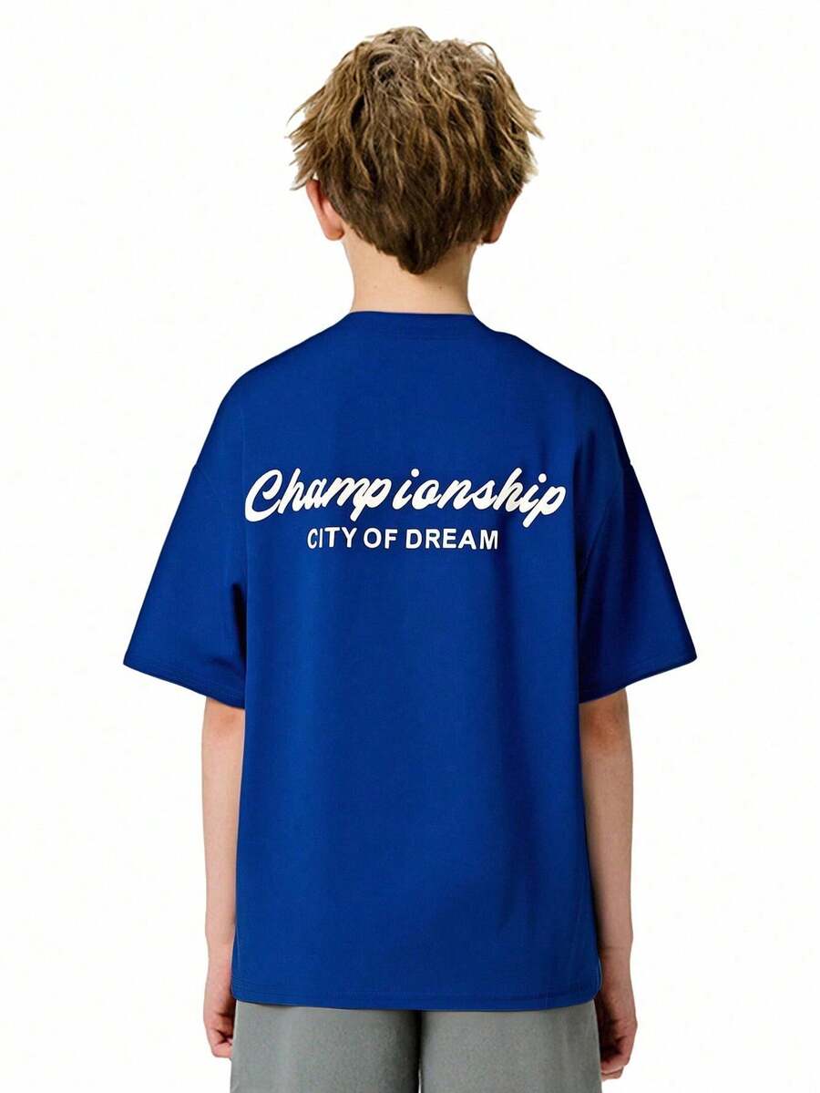 SHEIN Explorewe 青少年男孩时尚街头风格字母印花宽松圆领 T 恤，经典领口设计