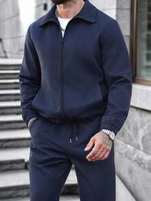 Manfinity CasualCool Men's Autumn Outdoor Clothing,2025 Men's Clothing For Autumn,Men's Popular Casual Suit, INS Matching Mature Basic Casual Business Zip-Up Jacket, Drawstring Jogger Pants, Suitable For All Seasons, Suitable For Work And Daily Matching, Essential Gift For Boyfriend Husband, Casual Wear,Fall Clothes