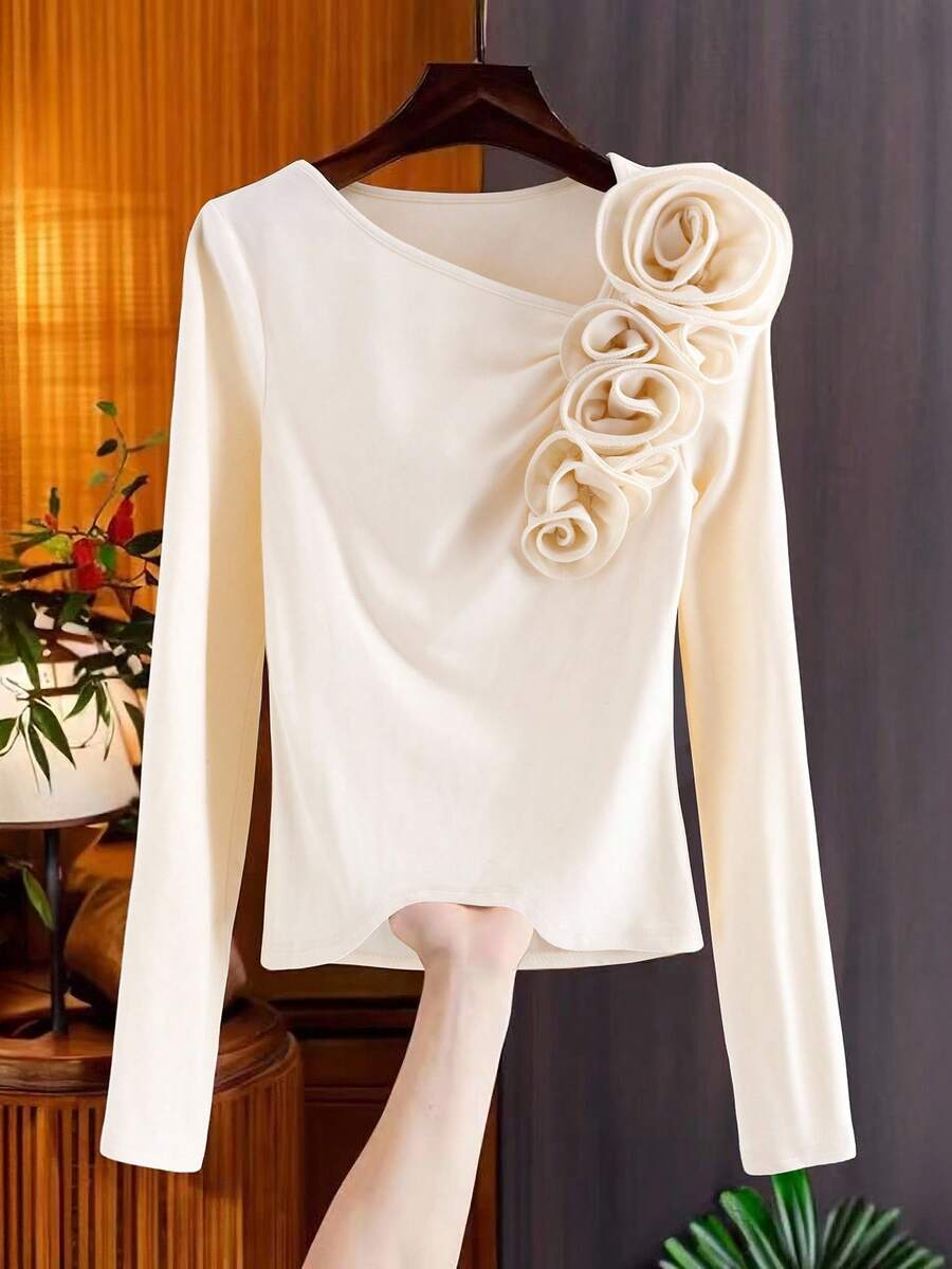 GlowEve Áo thun dài tay raglan co giãn ôm sát, chất liệu cao cấp, họa tiết hoa 3D tối giản, màu mơ, đa năng và tinh tế, thích hợp cho công sở. - Màu be - Xem 1