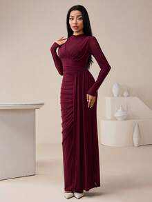 Veilorie Women's Solid Color Stand Collar Long Sleeve Pleated Fitted Elegant Mesh Arabic Dress Burgundy - Burgundy - View 3