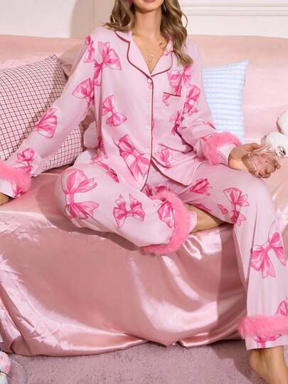 SweetSlumber Sweet INS Bow & Feather Print Top & Pants Pajama Set For Women Pajama Set Pink Pajama Set Pajama Set With Fur Trim Bow Pajamas, Fall Clothes