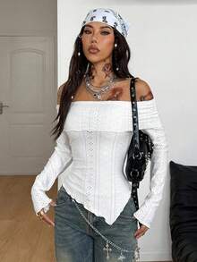 Coolane Damen Winter/Herbst Streetwear Vintage Y2K Date Night Lässig Offene Strick Spitze Dehnbar Komfortabel Weiß Off-Shoulder Langarm Tops