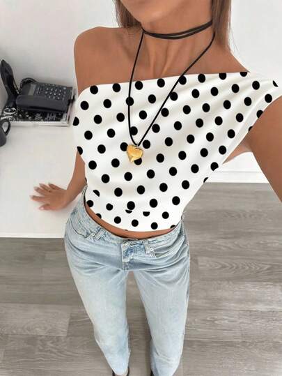 Siren Gaze Dames casual polka dot patroon elegante schuine schouder gerimpelde crop top, geschikt voor de zomer, geschikt voor dagelijks gebruik een schouder crop top zomer crop top dames crop top polka dot crop top schattige crop top