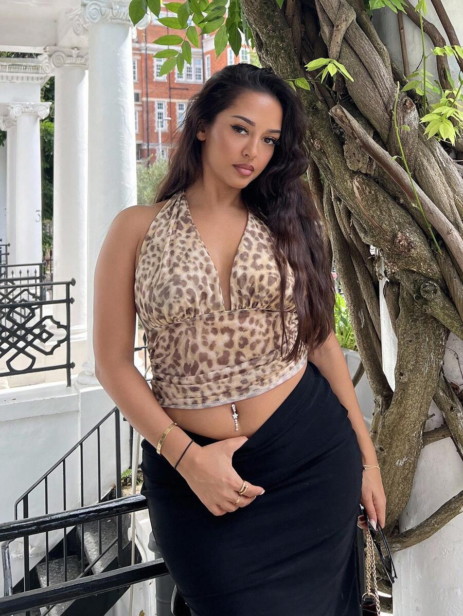 NegzBox Parte superior de punto romántica de malla con estampado de leopardo, escote de atar en V, lazo y fruncido, apropiada para vacaciones, cita, San Valentín, sexy, fiesta, playa, crucero, Pascua, carnaval, merienda