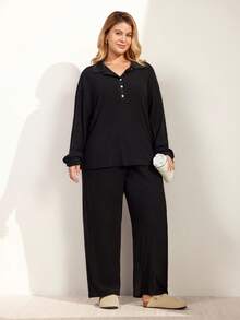 Momelise Plus Size Casual Loose Comfortable Half-Zip Collar Long Sleeve Top And Straight Leg Pants 2 Pieces Set For Women