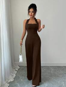 Selianne Women's Elegant Wavy Halter Wide Leg Jumpsuit, Suitable For Commuting, Dating, And Vacation - Brown - View 1