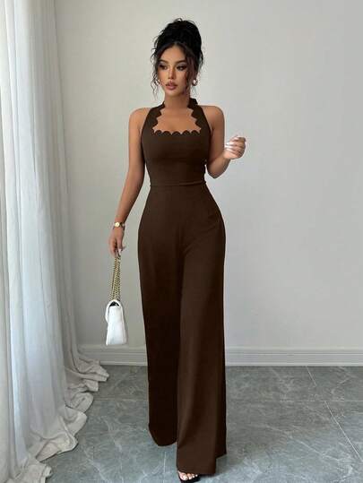 Selianne Elegant Women Wave Halterneck Wide Leg Jumpsuit, Suitable For Commuting, Dating, Vacation