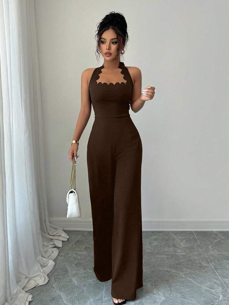 Elenzga Eleganter Jumpsuit für Damen mit weitem Bein und welligem Halter, geeignet für Büro, Dates und Urlaub - Bordeaux - Übersicht 1