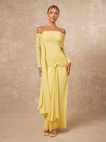 Lumalex Vestido ajustado con hombros descubiertos y lazada para mujer - Amarillo - Ver 4