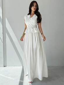 Firerie 女士优雅蕾丝V领短袖上衣和A字裙套装 - 白色 - 查看 5