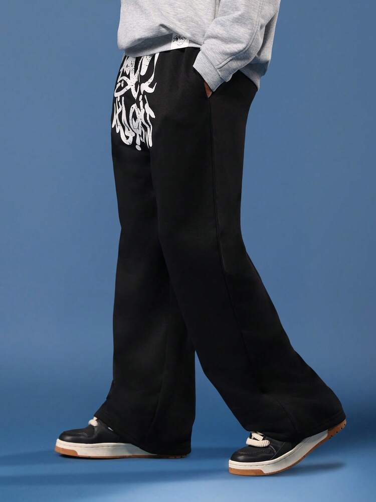 Wide Leg Black Sweatpants With Graffiti Print
