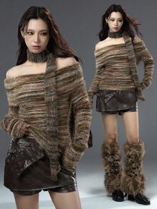 Bloopia Bohemian Style Asymmetrical Colorblock Women's Autumn/Winter Halloween New Sexy Tassel Scarf Two Pieces Mixed Textile Yarn One-Shoulder Turndown Collar Long Sleeve Pullover Knit Top - Olive Green - View 4