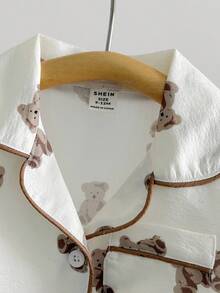 SHEIN 2pcs/Set Baby Boy Cute Bear Print Outfit, Turndown Collar Long Sleeve Cardigan + Loose Fit Pants, Comfortable Autumn/Winter Set Fall