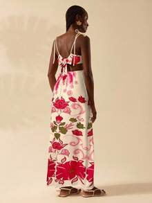 CAJUNI Váy maxi crop top không tay buộc eo họa tiết cây dừa và hoa nhiệt đới Boho dành cho nữ, váy đi nghỉ thường ngày - Đỏ - Xem 2