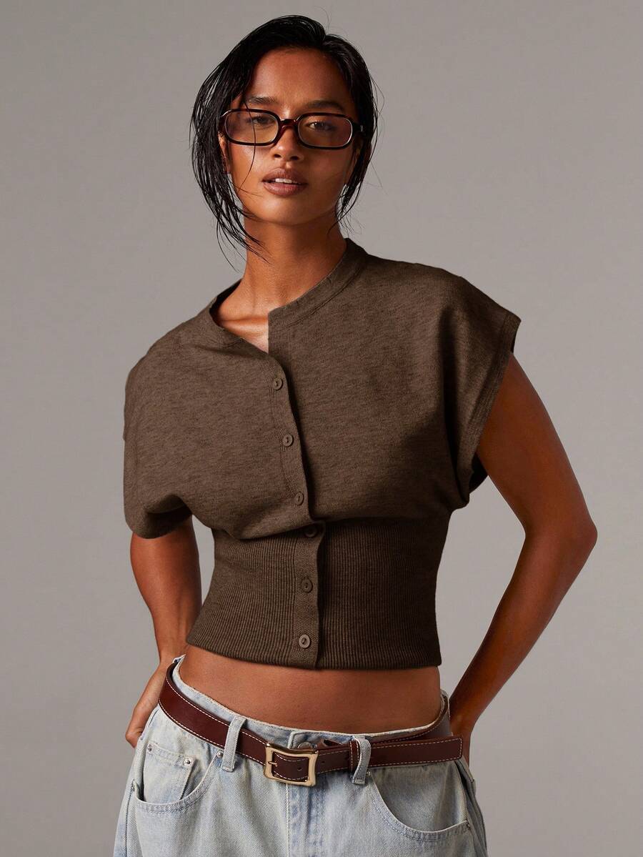 Athîral Women's Solid Color Single-Breasted Cropped Casual Knit Vest, Autumn,Fall,Brown Sweater - Brown - View 1