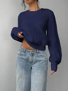 SHEIN BASICS 女士休闲纯色灯笼袖毛衣，秋冬 - 藏蓝色 - 查看 3