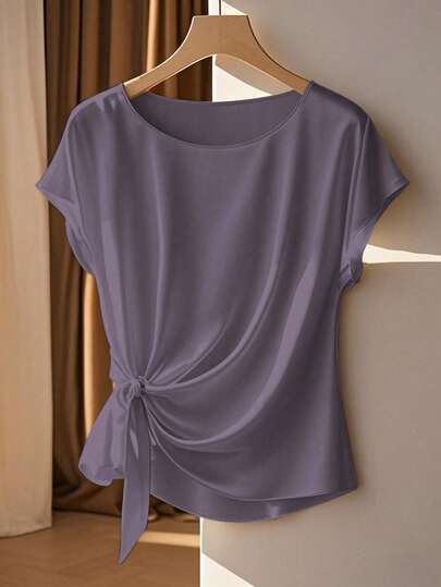 Franclia 优雅短袖圆领荷叶边蝴蝶结衬衫，卡其色，春夏